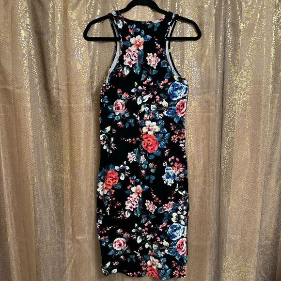 Express Black Bright Floral Rose Bodycon Stretchy Tank Dress Med NWT - Picture 2 of 5